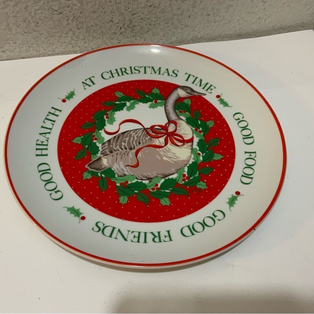 1985 Vintage Goose Red Ribbon Christmas Plate by Fabrizio George 10 1/4" G22